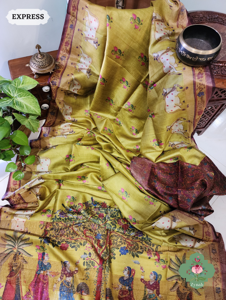 Zynah Mehendi Green Pure Tussar Silk Saree With Pichwai Print; Custom Stitched/Ready-made Blouse, Fall, Petticoat; SKU: 1908202301