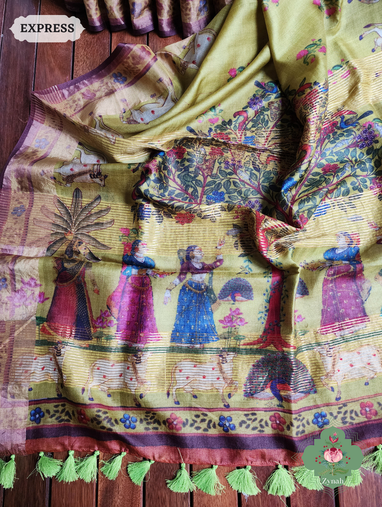 Zynah Mehendi Green Pure Tussar Silk Saree With Pichwai Print; Custom Stitched/Ready-made Blouse, Fall, Petticoat; SKU: 1908202301