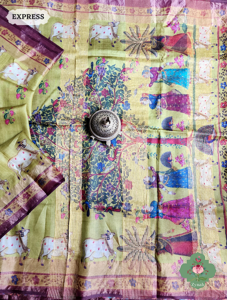 Zynah Mehendi Green Pure Tussar Silk Saree With Pichwai Print; Custom Stitched/Ready-made Blouse, Fall, Petticoat; SKU: 1908202301