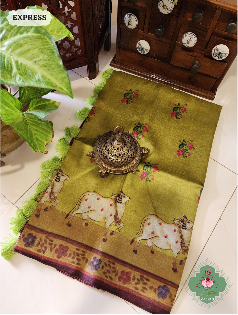 Zynah Mehendi Green Pure Tussar Silk Saree With Pichwai Print; Custom Stitched/Ready-made Blouse, Fall, Petticoat; SKU: 1908202301
