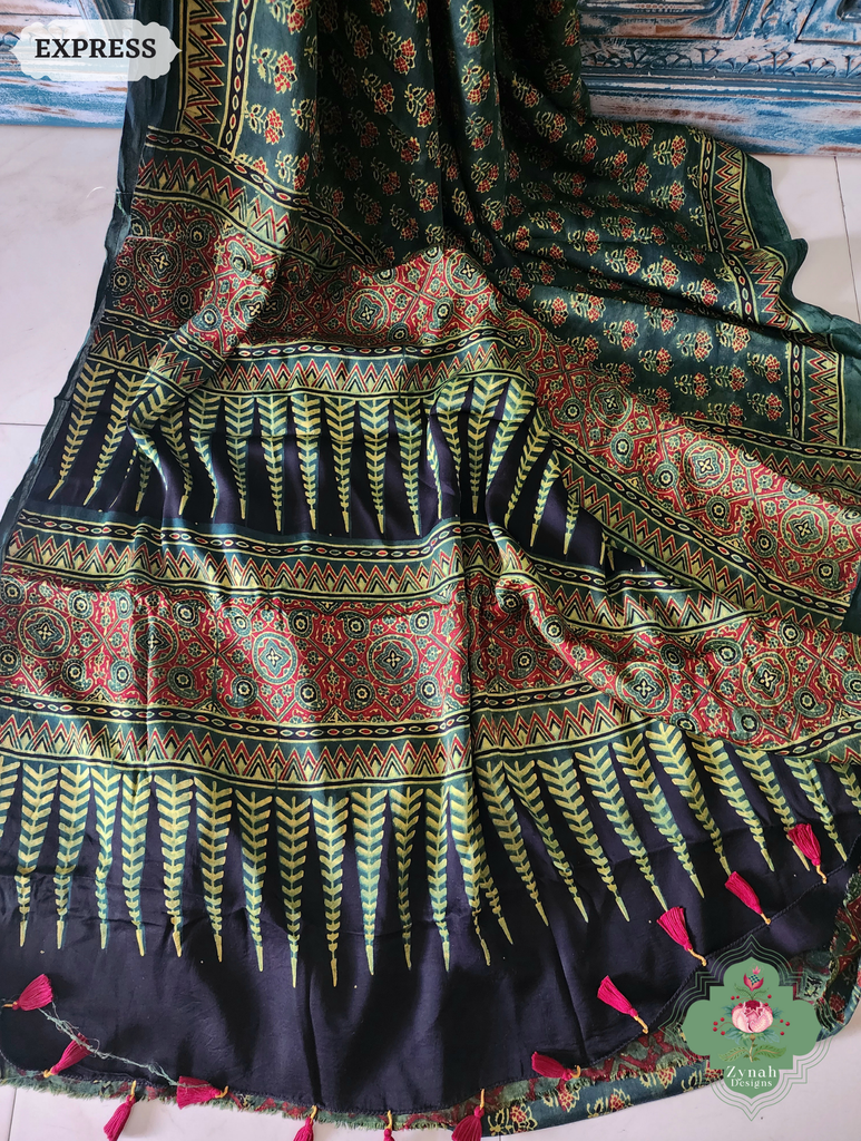 Zynah Green & Red Ajrakh Modal Silk Saree Crafted Using The Traditional Method Of Hand Block Printing Using 100% Natural Dyes; Custom Stitched/Ready-made Blouse, Fall, Petticoat; SKU: 1402202504