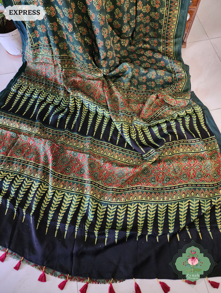 Zynah Green & Red Ajrakh Modal Silk Saree Crafted Using The Traditional Method Of Hand Block Printing Using 100% Natural Dyes; Custom Stitched/Ready-made Blouse, Fall, Petticoat; SKU: 1402202504