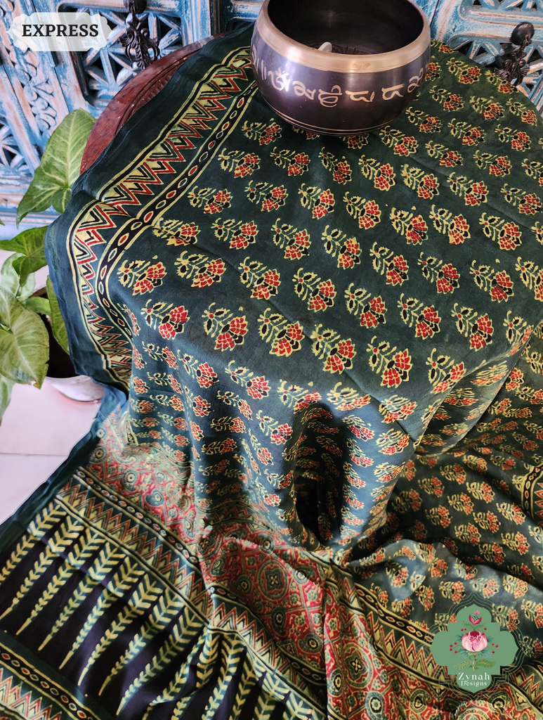 Zynah Green & Red Ajrakh Modal Silk Saree Crafted Using The Traditional Method Of Hand Block Printing Using 100% Natural Dyes; Custom Stitched/Ready-made Blouse, Fall, Petticoat; SKU: 1402202504