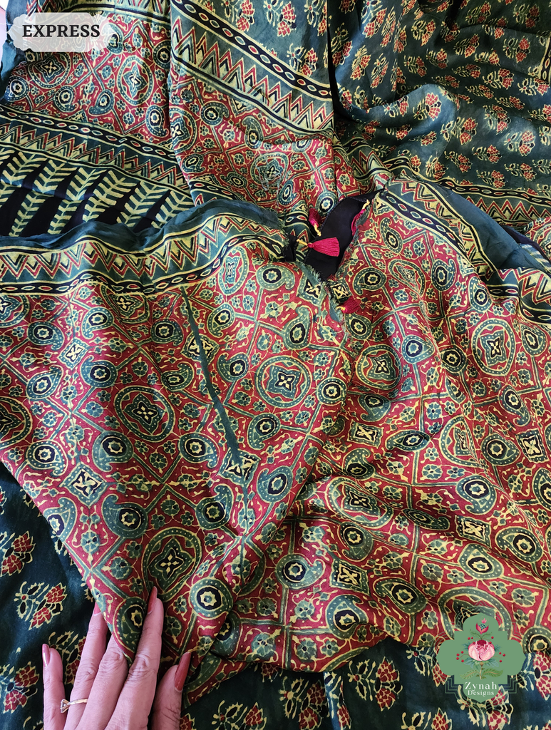 Zynah Green & Red Ajrakh Modal Silk Saree Crafted Using The Traditional Method Of Hand Block Printing Using 100% Natural Dyes; Custom Stitched/Ready-made Blouse, Fall, Petticoat; SKU: 1402202504
