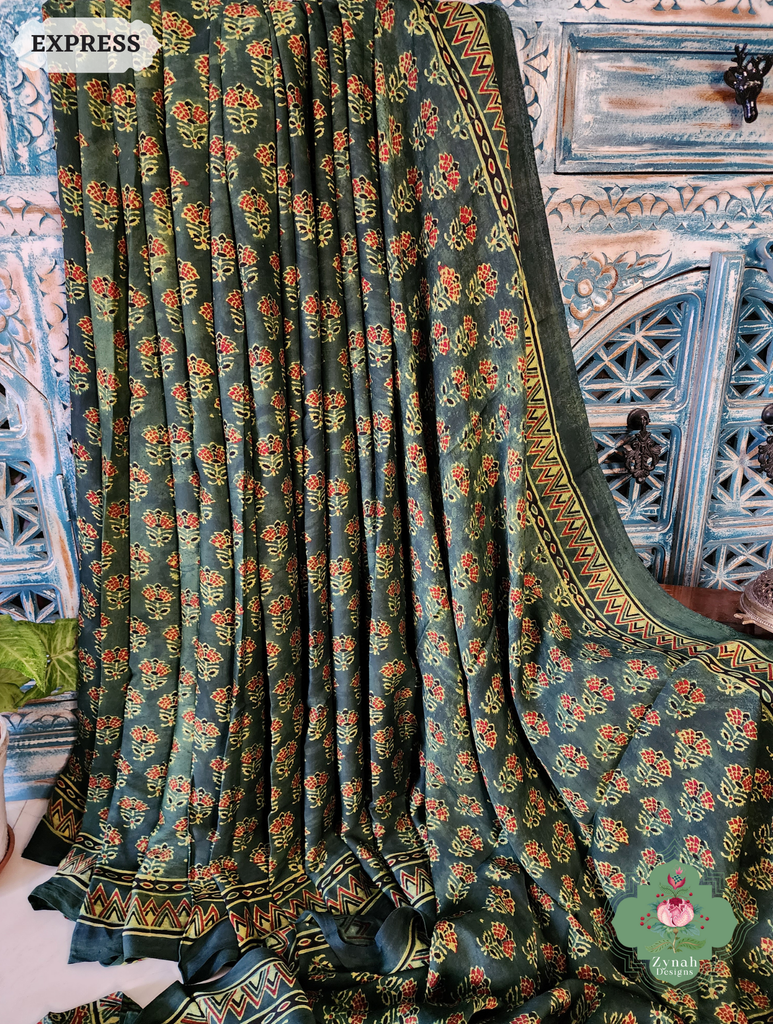 Zynah Green & Red Ajrakh Modal Silk Saree Crafted Using The Traditional Method Of Hand Block Printing Using 100% Natural Dyes; Custom Stitched/Ready-made Blouse, Fall, Petticoat; SKU: 1402202504