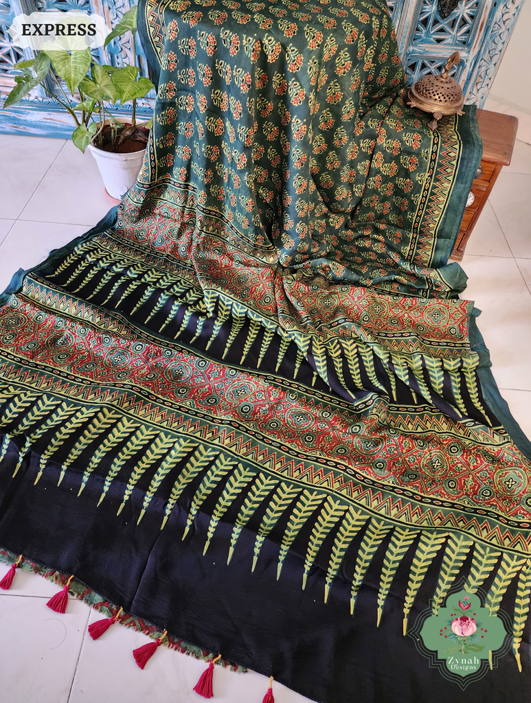 Zynah Green & Red Ajrakh Modal Silk Saree Crafted Using The Traditional Method Of Hand Block Printing Using 100% Natural Dyes; Custom Stitched/Ready-made Blouse, Fall, Petticoat; SKU: 1402202504