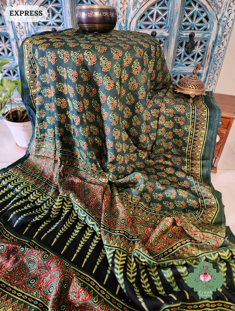 Zynah Green & Red Ajrakh Modal Silk Saree Crafted Using The Traditional Method Of Hand Block Printing Using 100% Natural Dyes; Custom Stitched/Ready-made Blouse, Fall, Petticoat; SKU: 1402202504