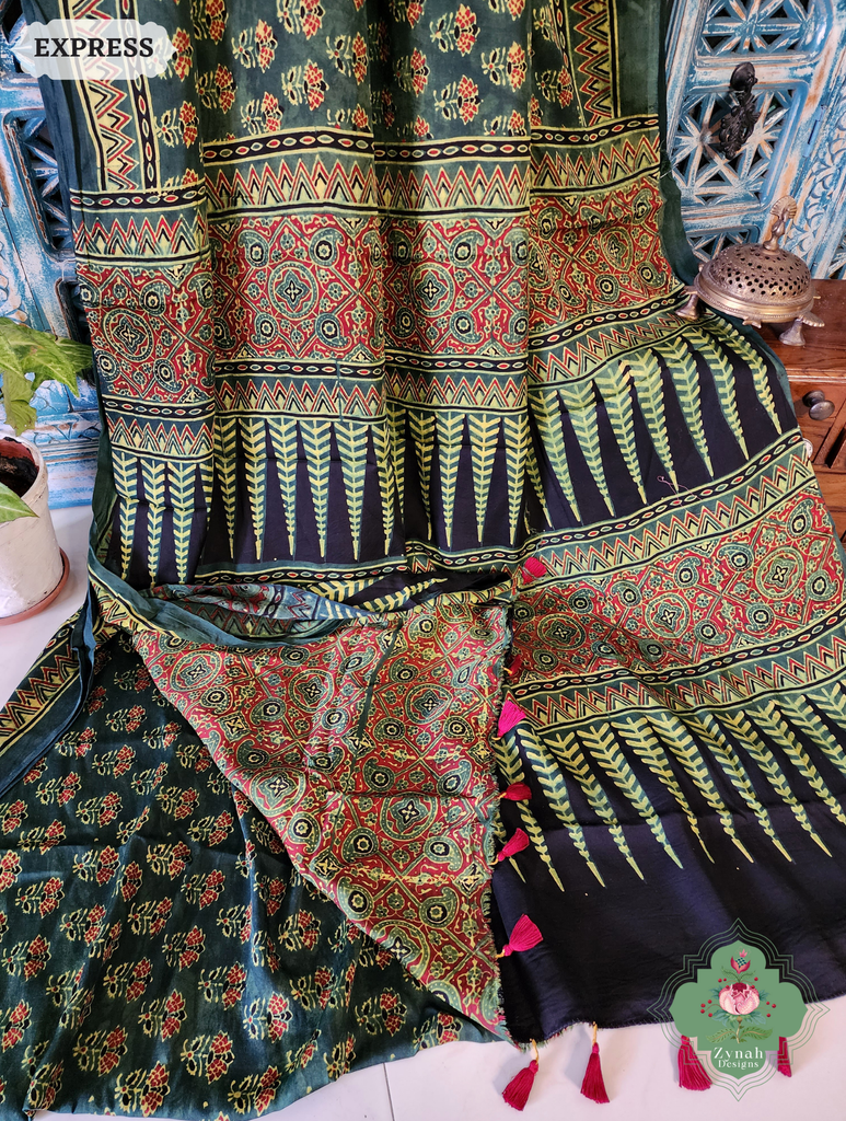 Zynah Green & Red Ajrakh Modal Silk Saree Crafted Using The Traditional Method Of Hand Block Printing Using 100% Natural Dyes; Custom Stitched/Ready-made Blouse, Fall, Petticoat; SKU: 1402202504