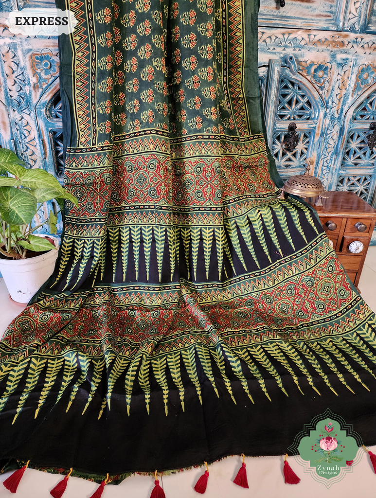 Zynah Green & Red Ajrakh Modal Silk Saree Crafted Using The Traditional Method Of Hand Block Printing Using 100% Natural Dyes; Custom Stitched/Ready-made Blouse, Fall, Petticoat; SKU: 1402202504