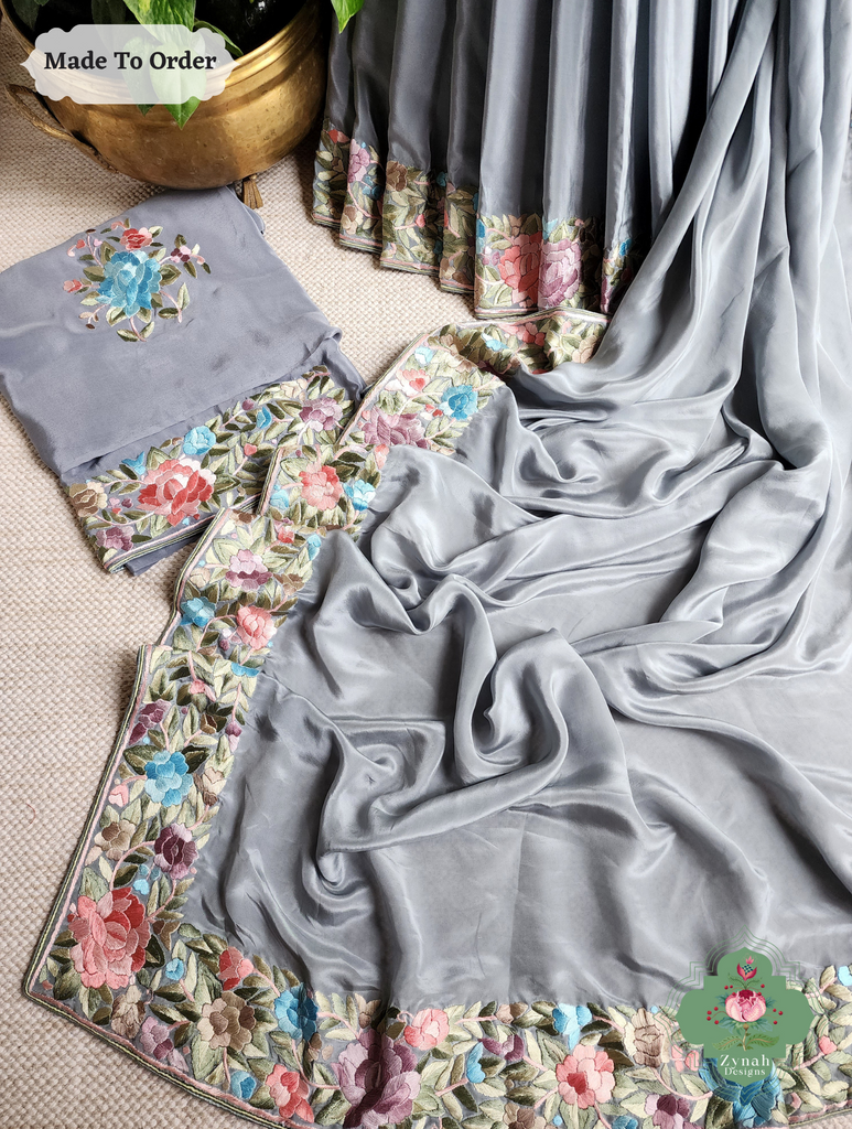 Zynah Made To Order Grey Crepe Silk Hand Embroidered Authentic Parsi Gara Saree; Custom Stitched/Ready-made Blouse, Fall, Petticoat; SKU: 0905202502