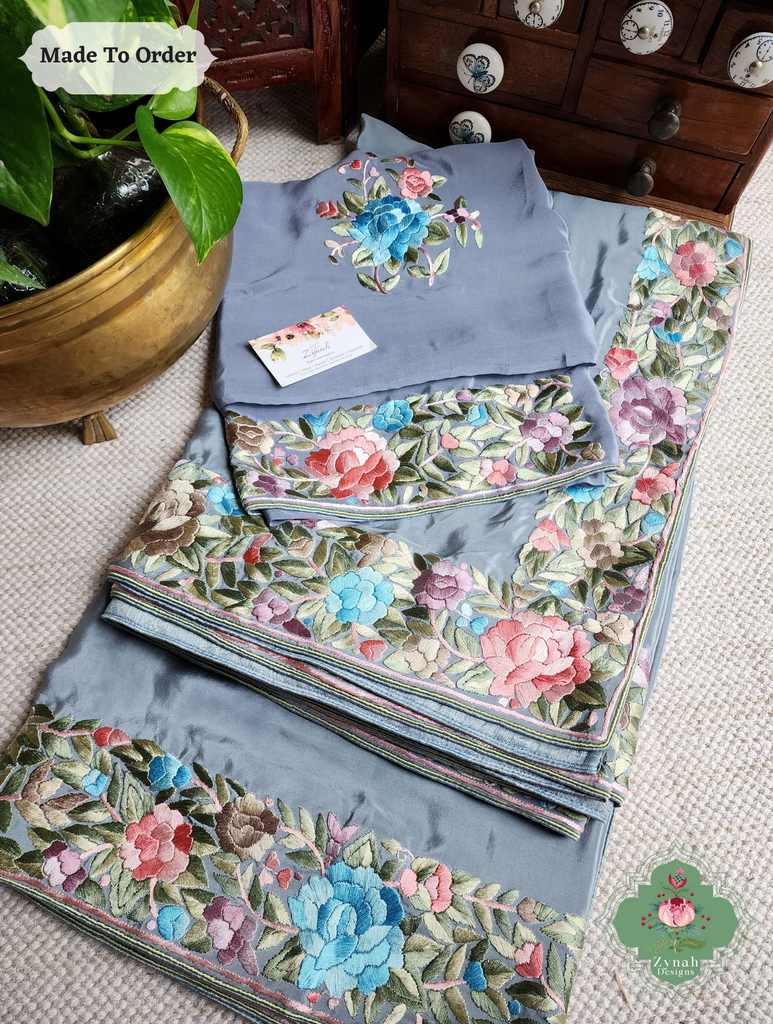 Zynah Made To Order Grey Crepe Silk Hand Embroidered Authentic Parsi Gara Saree; Custom Stitched/Ready-made Blouse, Fall, Petticoat; SKU: 0905202502