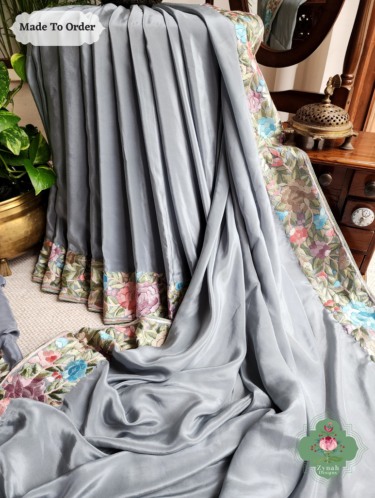 Zynah Made To Order Grey Crepe Silk Hand Embroidered Authentic Parsi Gara Saree; Custom Stitched/Ready-made Blouse, Fall, Petticoat; SKU: 0905202502