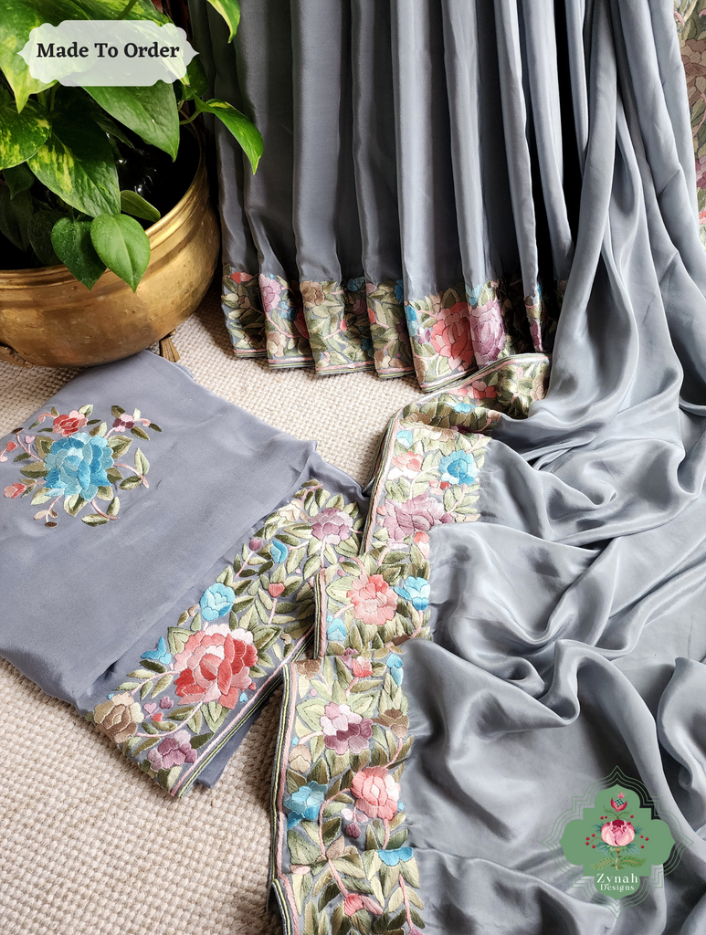 Zynah Made To Order Grey Crepe Silk Hand Embroidered Authentic Parsi Gara Saree; Custom Stitched/Ready-made Blouse, Fall, Petticoat; SKU: 0905202502
