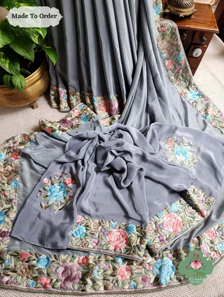 Zynah Made To Order Grey Crepe Silk Hand Embroidered Authentic Parsi Gara Saree; Custom Stitched/Ready-made Blouse, Fall, Petticoat; SKU: 0905202502