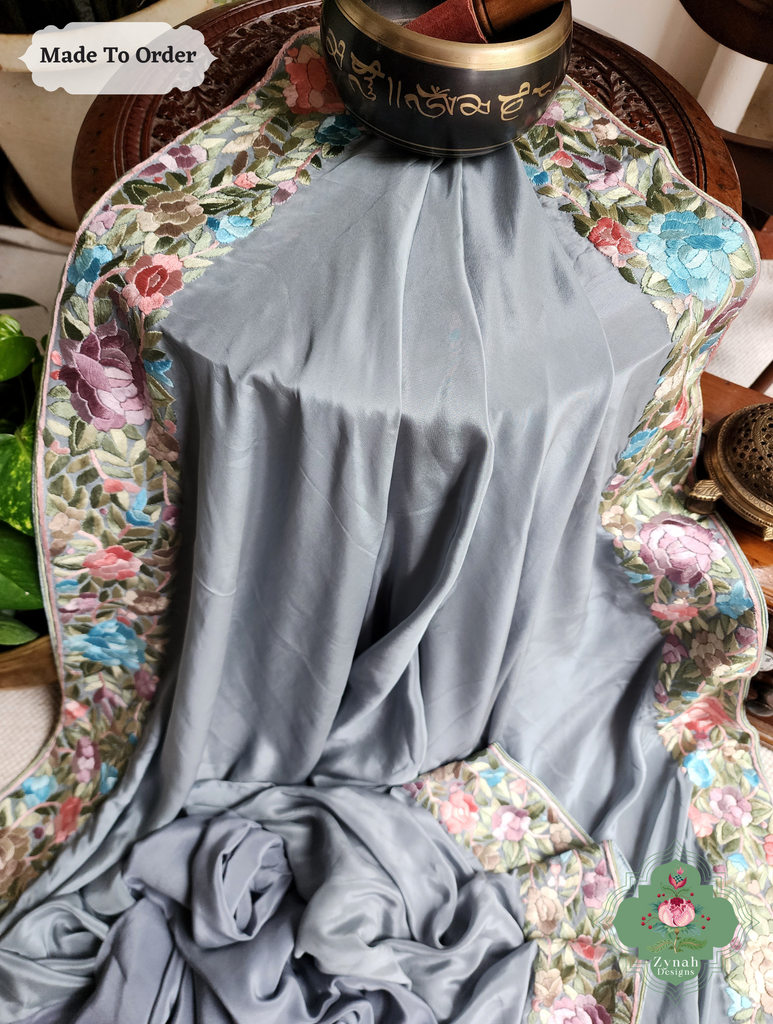 Zynah Made To Order Grey Crepe Silk Hand Embroidered Authentic Parsi Gara Saree; Custom Stitched/Ready-made Blouse, Fall, Petticoat; SKU: 0905202502