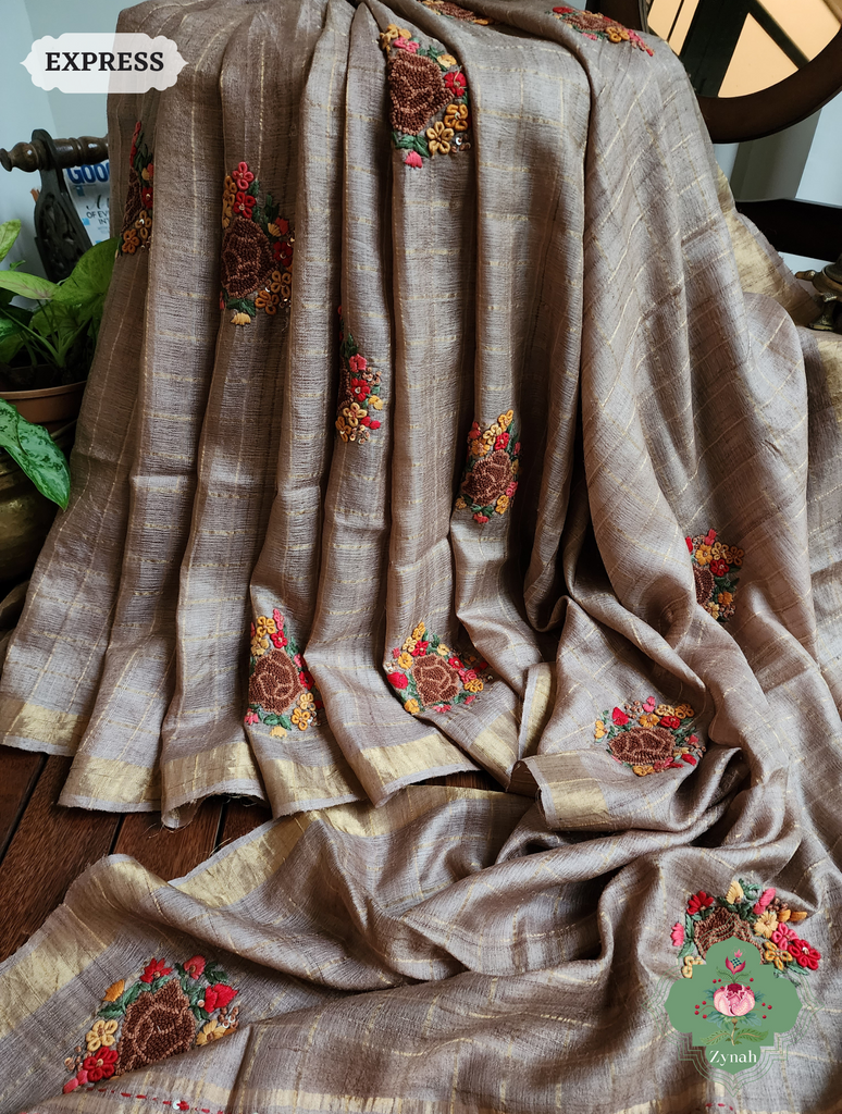 Zynah Brown / Gold Self Checkered Pure Tussar Silk Saree With Frenchknot Hand Embroidery; Custom Stitched/Ready-made Blouse, Fall, Petticoat; SKU: 2908202305