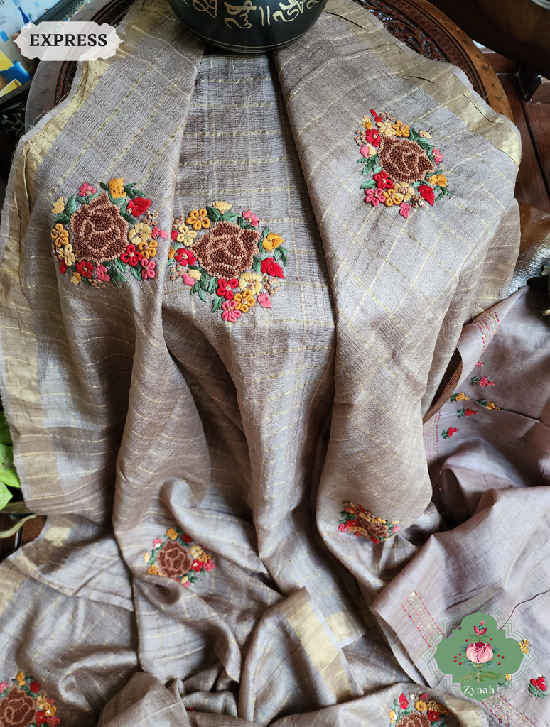 Zynah Brown / Gold Self Checkered Pure Tussar Silk Saree With Frenchknot Hand Embroidery; Custom Stitched/Ready-made Blouse, Fall, Petticoat; SKU: 2908202305