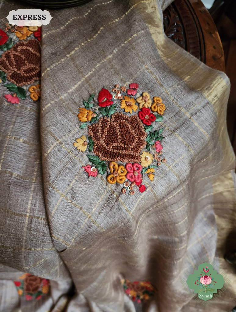 Zynah Brown / Gold Self Checkered Pure Tussar Silk Saree With Frenchknot Hand Embroidery; Custom Stitched/Ready-made Blouse, Fall, Petticoat; SKU: 2908202305