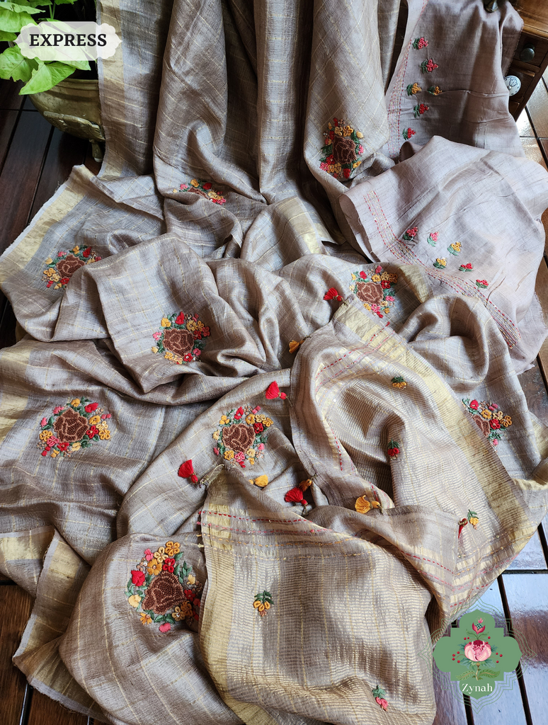 Zynah Brown / Gold Self Checkered Pure Tussar Silk Saree With Frenchknot Hand Embroidery; Custom Stitched/Ready-made Blouse, Fall, Petticoat; SKU: 2908202305