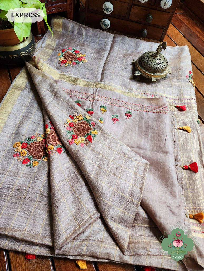 Zynah Brown / Gold Self Checkered Pure Tussar Silk Saree With Frenchknot Hand Embroidery; Custom Stitched/Ready-made Blouse, Fall, Petticoat; SKU: 2908202305