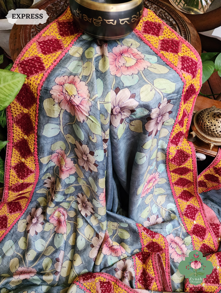 Zynah Grey Hand-Painted Tussar Silk Kalamkari Saree With Kutch Hand Embroidery; Custom Stitched/Ready-made Blouse, Fall, Petticoat; SKU: 2805202502