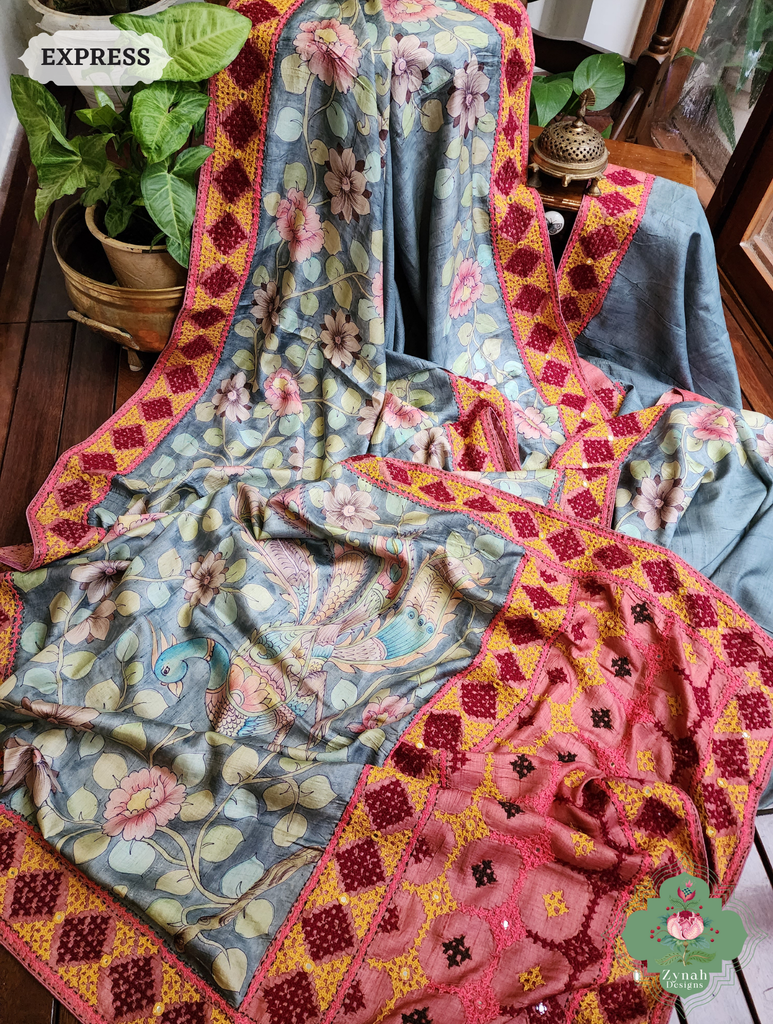 Zynah Grey Hand-Painted Tussar Silk Kalamkari Saree With Kutch Hand Embroidery; Custom Stitched/Ready-made Blouse, Fall, Petticoat; SKU: 2805202502