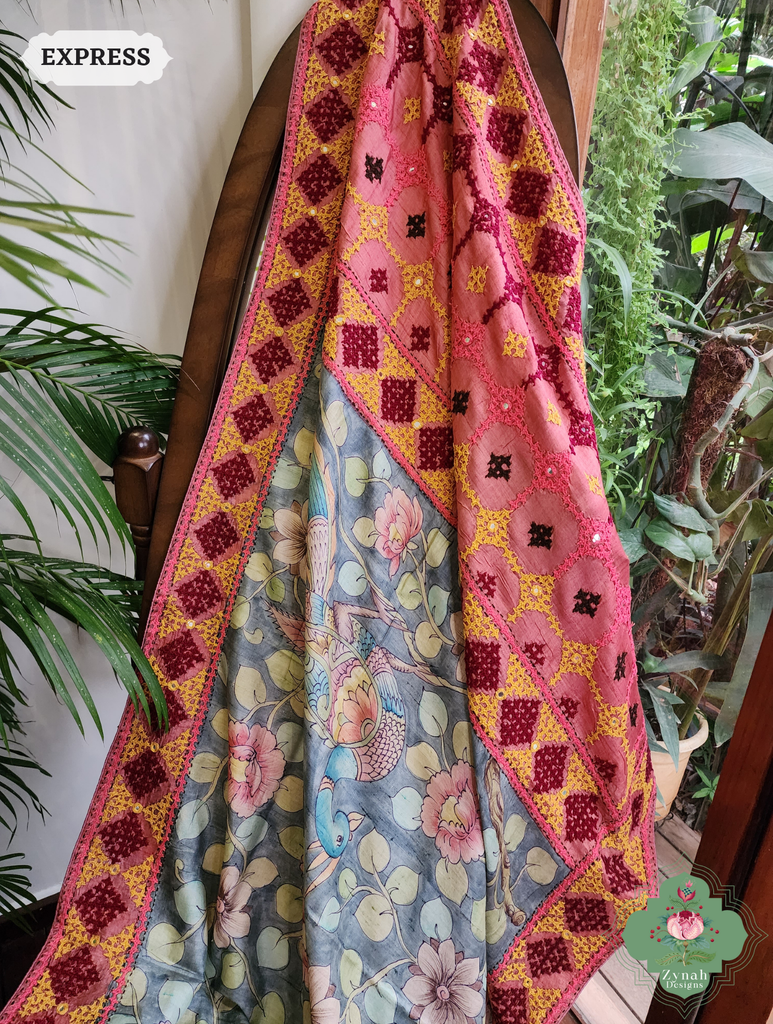 Zynah Grey Hand-Painted Tussar Silk Kalamkari Saree With Kutch Hand Embroidery; Custom Stitched/Ready-made Blouse, Fall, Petticoat; SKU: 2805202502