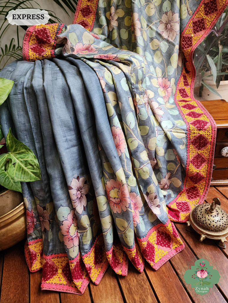 Zynah Grey Hand-Painted Tussar Silk Kalamkari Saree With Kutch Hand Embroidery; Custom Stitched/Ready-made Blouse, Fall, Petticoat; SKU: 2805202502