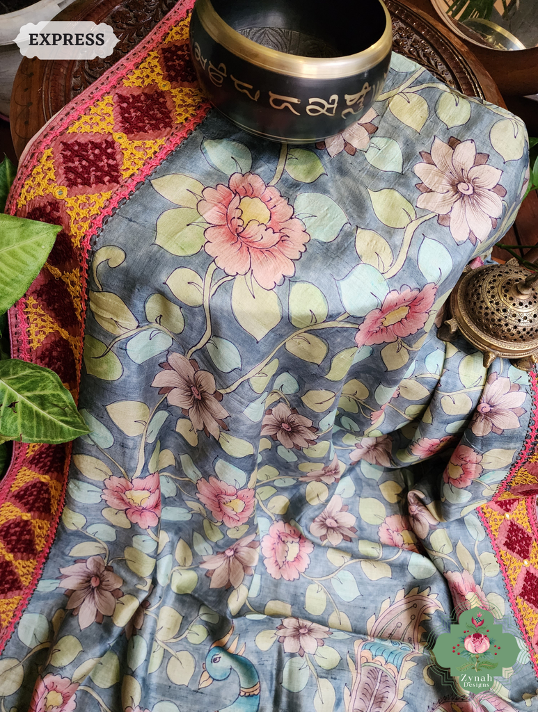 Zynah Grey Hand-Painted Tussar Silk Kalamkari Saree With Kutch Hand Embroidery; Custom Stitched/Ready-made Blouse, Fall, Petticoat; SKU: 2805202502