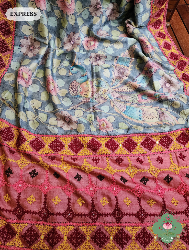 Zynah Grey Hand-Painted Tussar Silk Kalamkari Saree With Kutch Hand Embroidery; Custom Stitched/Ready-made Blouse, Fall, Petticoat; SKU: 2805202502