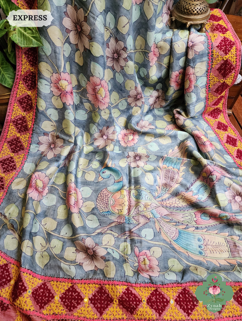 Zynah Grey Hand-Painted Tussar Silk Kalamkari Saree With Kutch Hand Embroidery; Custom Stitched/Ready-made Blouse, Fall, Petticoat; SKU: 2805202502