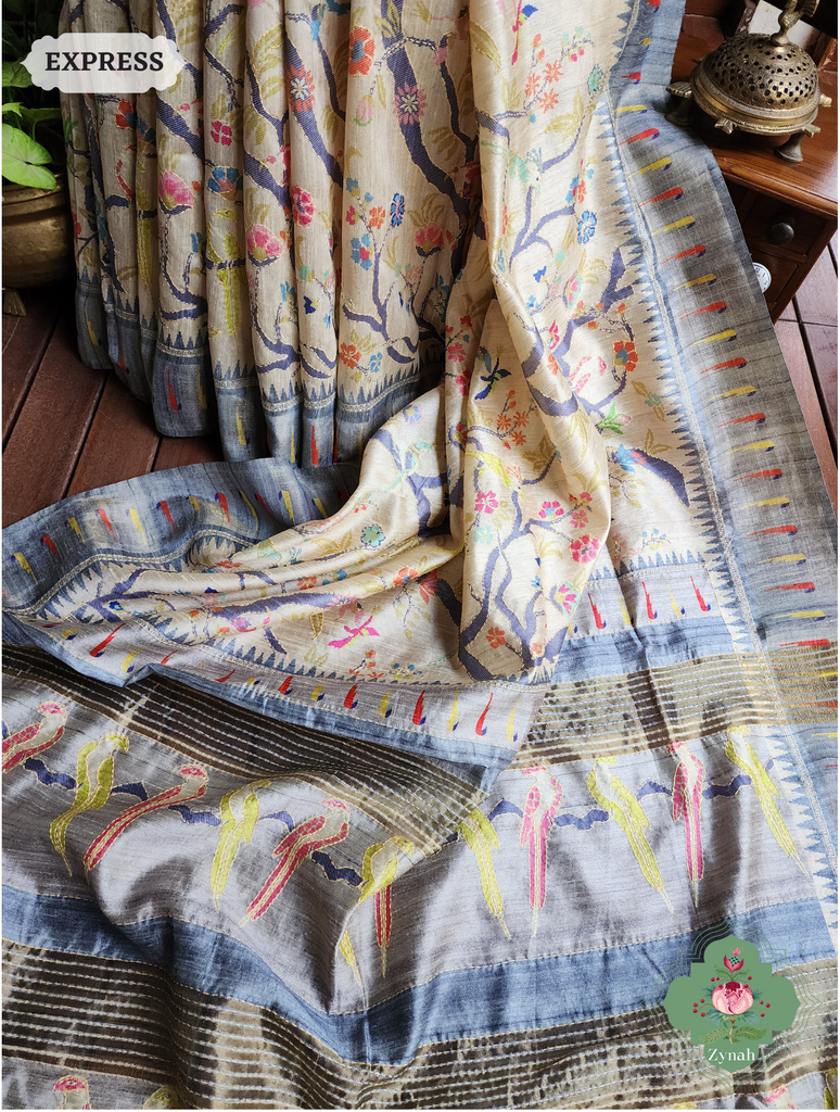 Zynah Beige & Grey Jute Linen Saree With Kantha Work; Custom Stitched/Ready-made Blouse, Fall, Petticoat; SKU: 2207202301