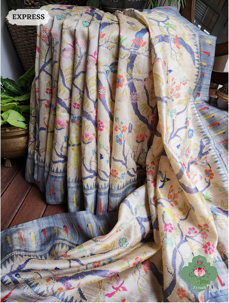 Zynah Beige & Grey Jute Linen Saree With Kantha Work; Custom Stitched/Ready-made Blouse, Fall, Petticoat; SKU: 2207202301