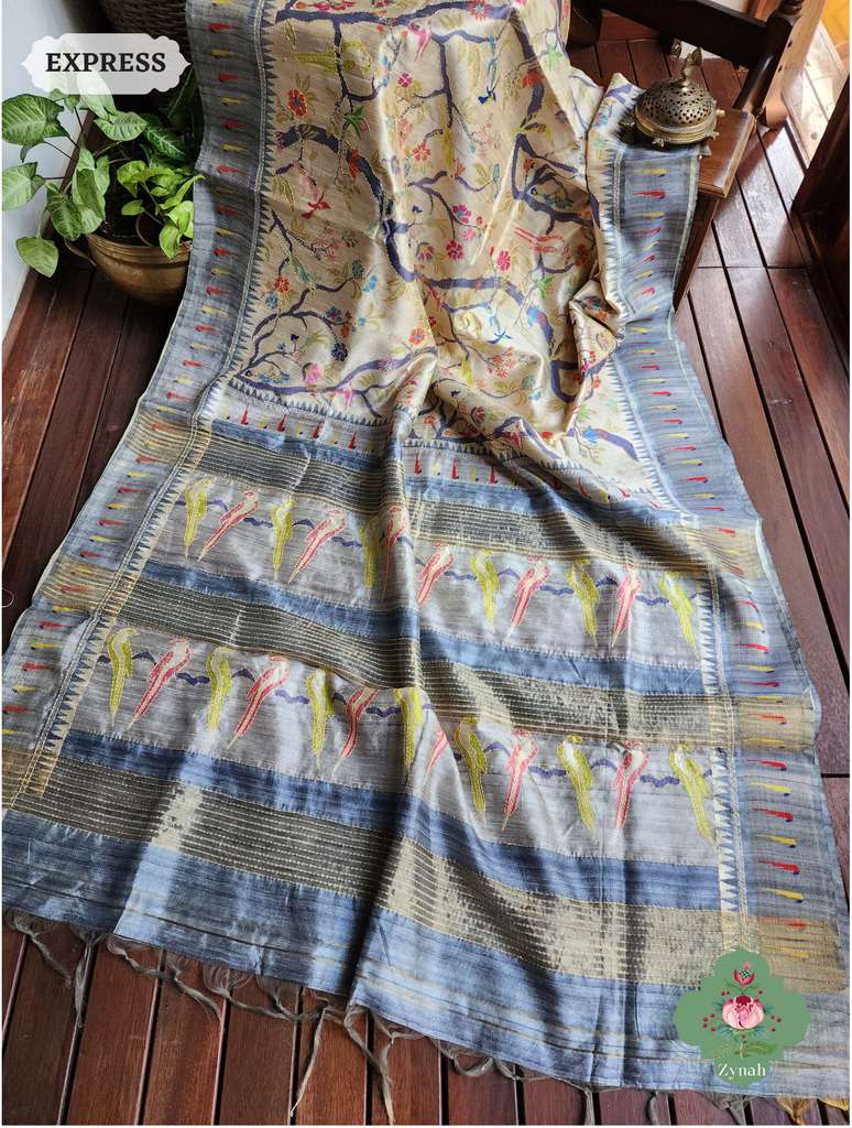 Zynah Beige & Grey Jute Linen Saree With Kantha Work; Custom Stitched/Ready-made Blouse, Fall, Petticoat; SKU: 2207202301