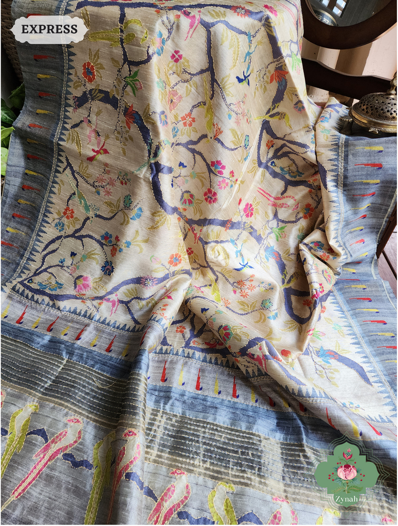 Zynah Beige & Grey Jute Linen Saree With Kantha Work; Custom Stitched/Ready-made Blouse, Fall, Petticoat; SKU: 2207202301