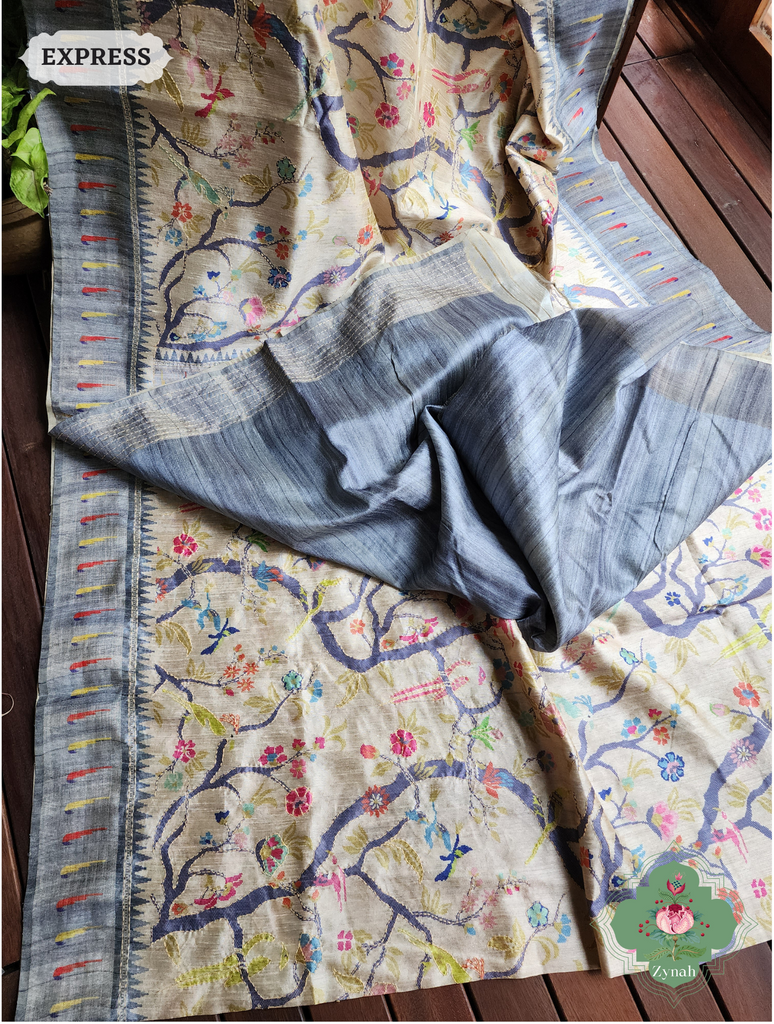 Zynah Beige & Grey Jute Linen Saree With Kantha Work; Custom Stitched/Ready-made Blouse, Fall, Petticoat; SKU: 2207202301