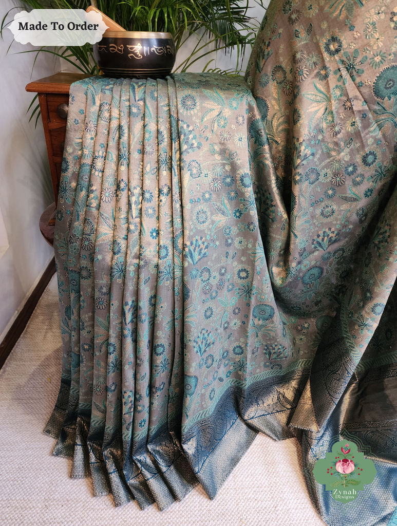 Zynah Made To Order Grey Handwoven Kashmiri Pure Kani Tissue Silk Jamavar Saree; Custom Stitched/Ready-made Blouse, Fall, Petticoat; SKU: 0110202507