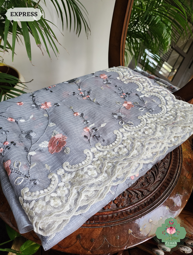 Zynah Grey Kota Tussar Silk Saree With Jaal Embroidery and Scalloped Border; Custom Stitched/Ready-made Blouse, Fall, Petticoat; SKU: 2409202402