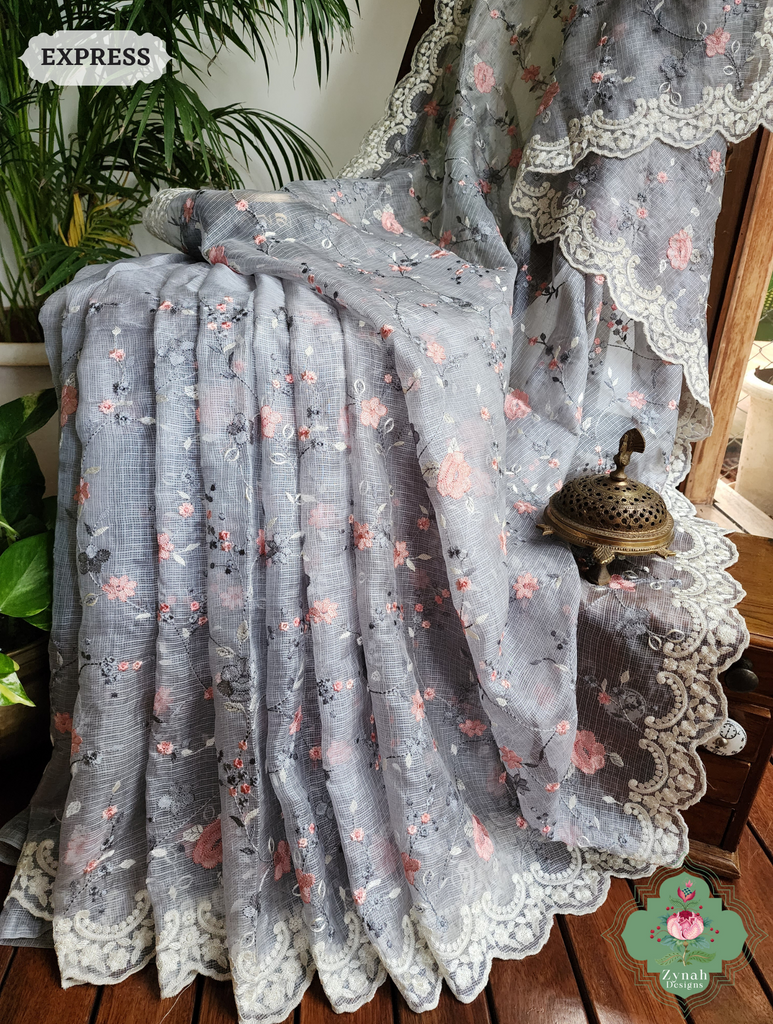 Zynah Grey Kota Tussar Silk Saree With Jaal Embroidery and Scalloped Border; Custom Stitched/Ready-made Blouse, Fall, Petticoat; SKU: 2409202402