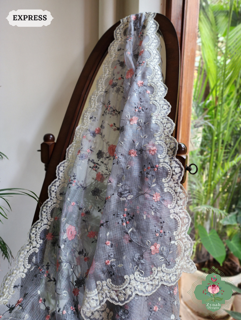Zynah Grey Kota Tussar Silk Saree With Jaal Embroidery and Scalloped Border; Custom Stitched/Ready-made Blouse, Fall, Petticoat; SKU: 2409202402