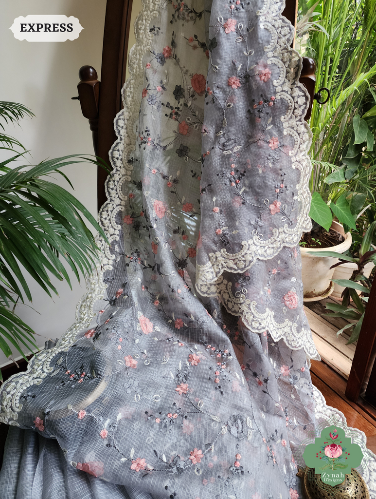 Zynah Grey Kota Tussar Silk Saree With Jaal Embroidery and Scalloped Border; Custom Stitched/Ready-made Blouse, Fall, Petticoat; SKU: 2409202402