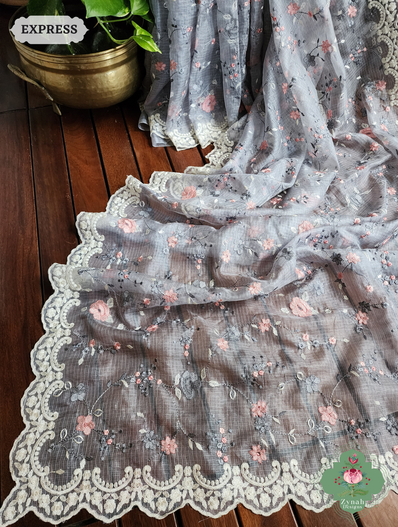 Zynah Grey Kota Tussar Silk Saree With Jaal Embroidery and Scalloped Border; Custom Stitched/Ready-made Blouse, Fall, Petticoat; SKU: 2409202402