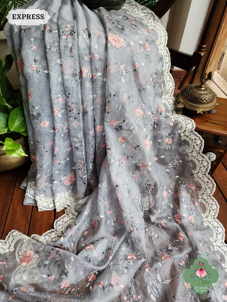 Zynah Grey Kota Tussar Silk Saree With Jaal Embroidery and Scalloped Border; Custom Stitched/Ready-made Blouse, Fall, Petticoat; SKU: 2409202402