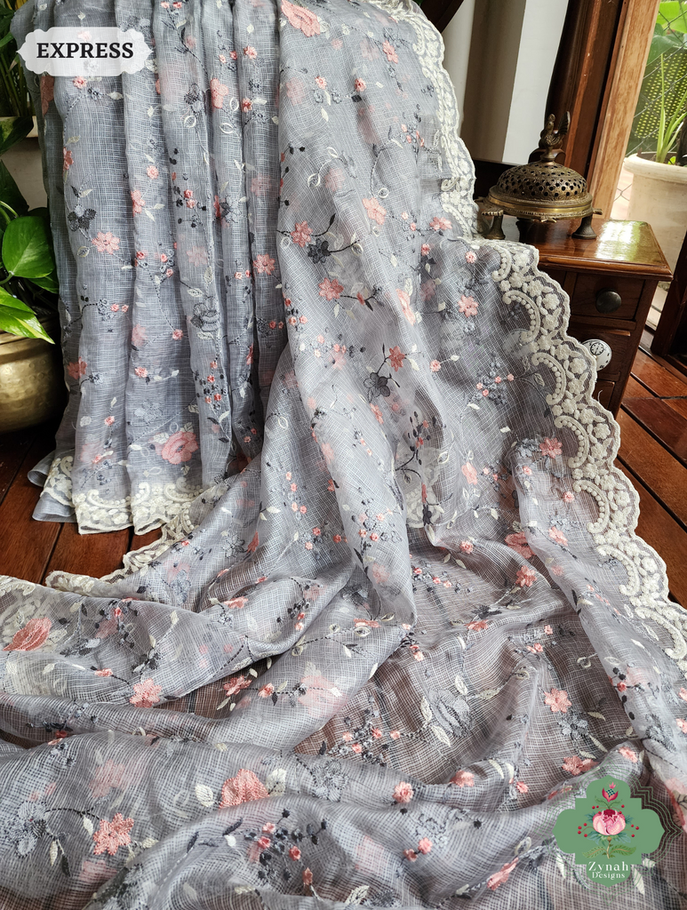 Zynah Grey Kota Tussar Silk Saree With Jaal Embroidery and Scalloped Border; Custom Stitched/Ready-made Blouse, Fall, Petticoat; SKU: 2409202402