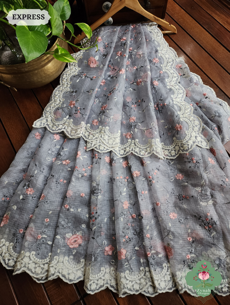 Zynah Grey Kota Tussar Silk Saree With Jaal Embroidery and Scalloped Border; Custom Stitched/Ready-made Blouse, Fall, Petticoat; SKU: 2409202402