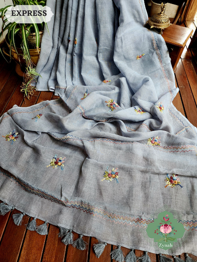 Grey Linen Saree w/ Frenchknot Embroidery: timeless yet contemporary style