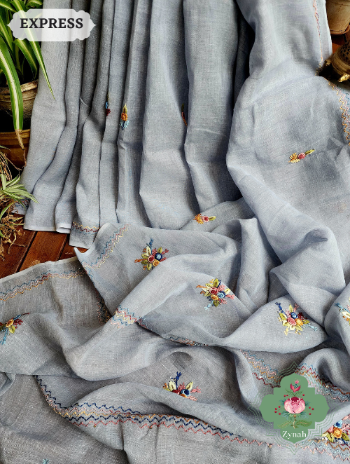 Zynah Grey Organic Linen Saree With Frenchknot Embroidery; Custom Stitched/Ready-made Blouse, Fall, Petticoat; SKU: 2504202303
