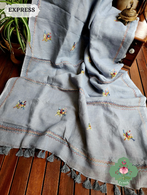 Zynah Grey Organic Linen Saree With Frenchknot Embroidery; Custom Stitched/Ready-made Blouse, Fall, Petticoat; SKU: 2504202303