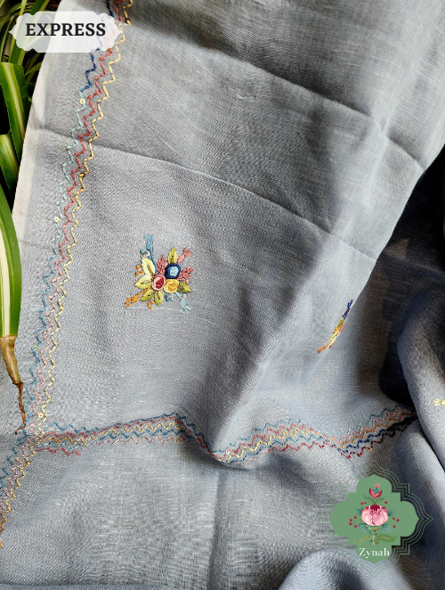 Zynah Grey Organic Linen Saree With Frenchknot Embroidery; Custom Stitched/Ready-made Blouse, Fall, Petticoat; SKU: 2504202303