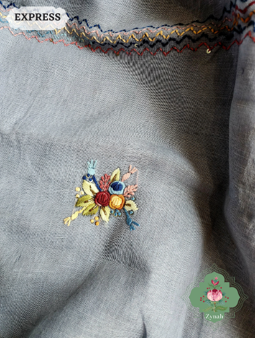 Zynah Grey Organic Linen Saree With Frenchknot Embroidery; Custom Stitched/Ready-made Blouse, Fall, Petticoat; SKU: 2504202303